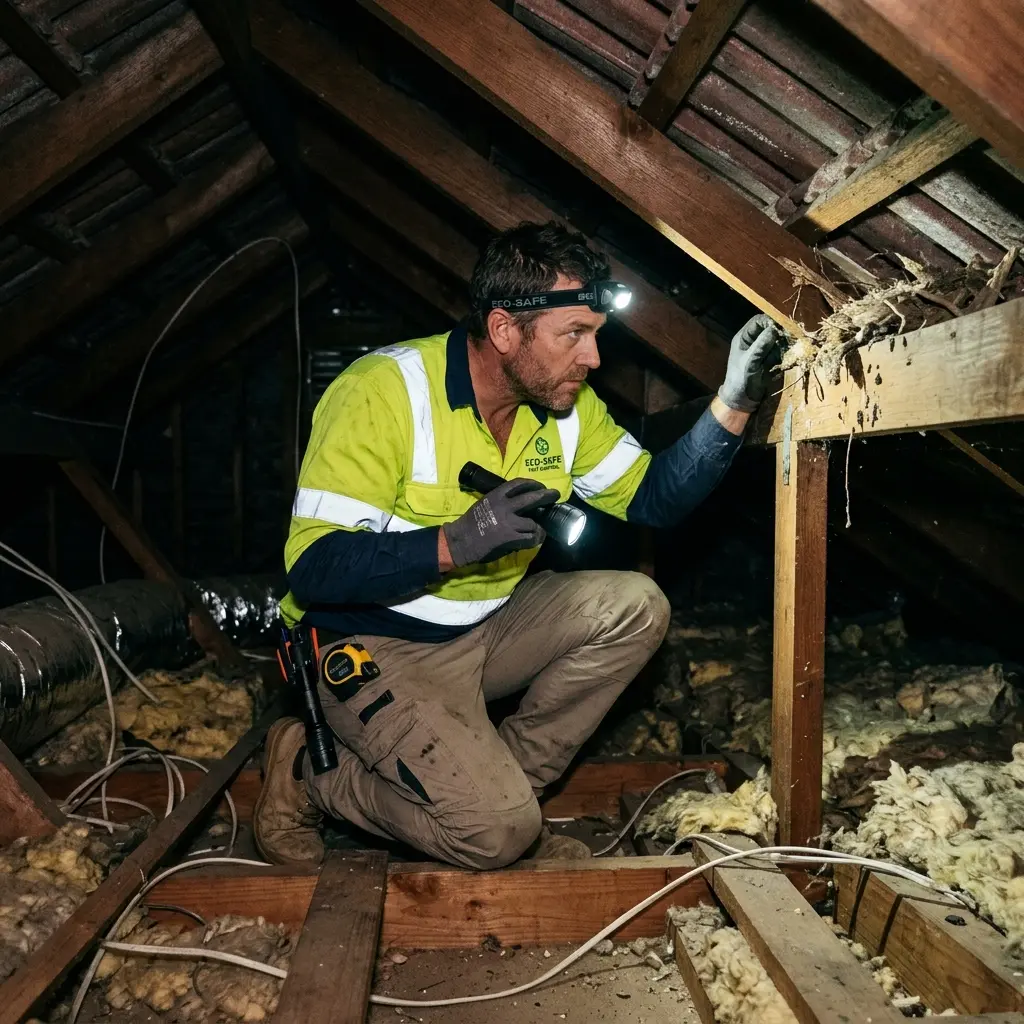 Technician inspecting a roof cavity for a dead animal in The Basin
