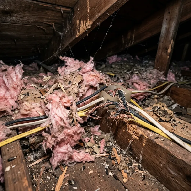 Contaminated ceiling insulation being assessed in a The Basin roof space