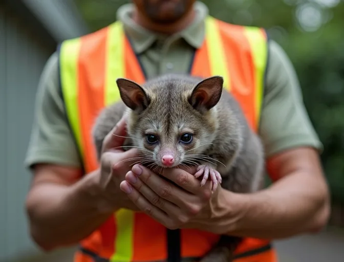 Animal handler safely recovering a deceased possum in The Basin