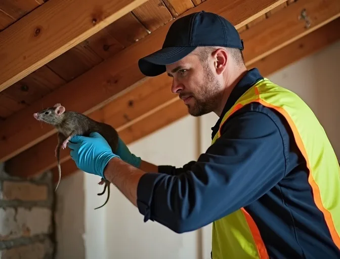 Technician inspecting a roof cavity for a dead rat in The Basin